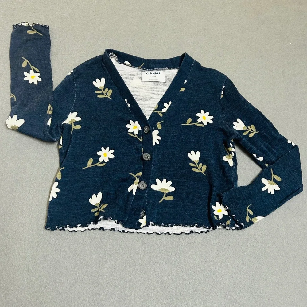 Old Navy Cardigan Girls Large 10-12 Blue Daisy Floral Lettuce Edge Button Front